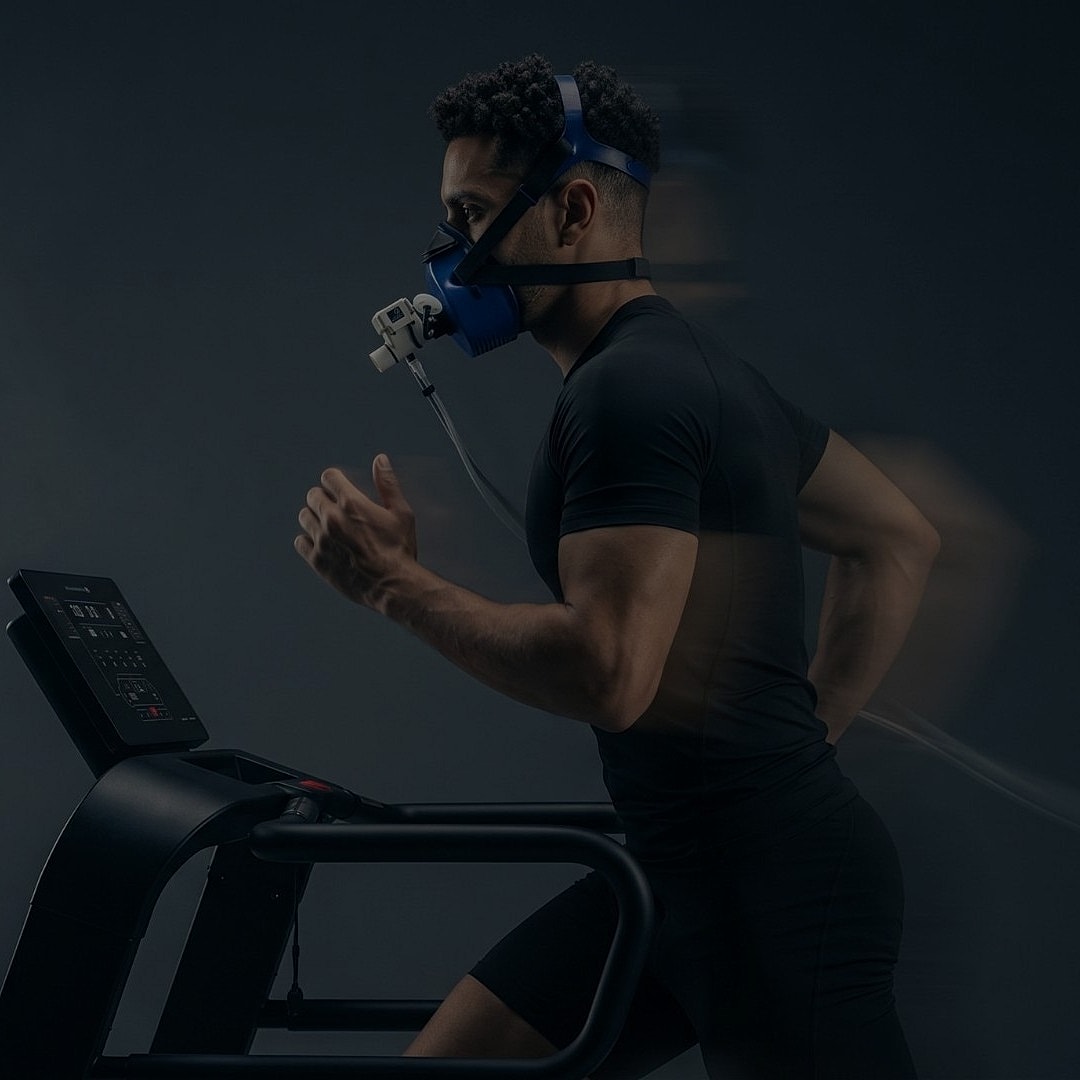 metabolic testing patient model running on treadmill with performance mask.